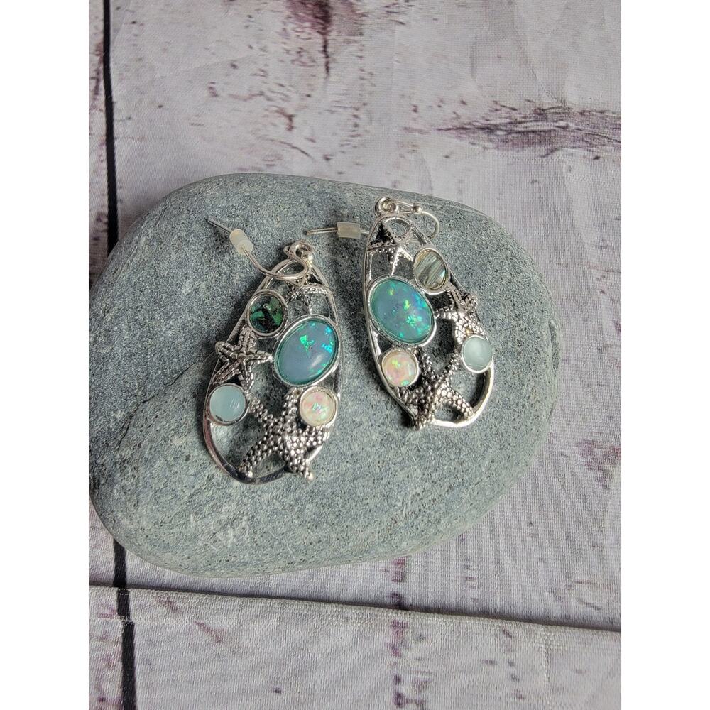 Starfish and Opal Oval Stone Teardrop Earrings Silvertone Nautical Beach